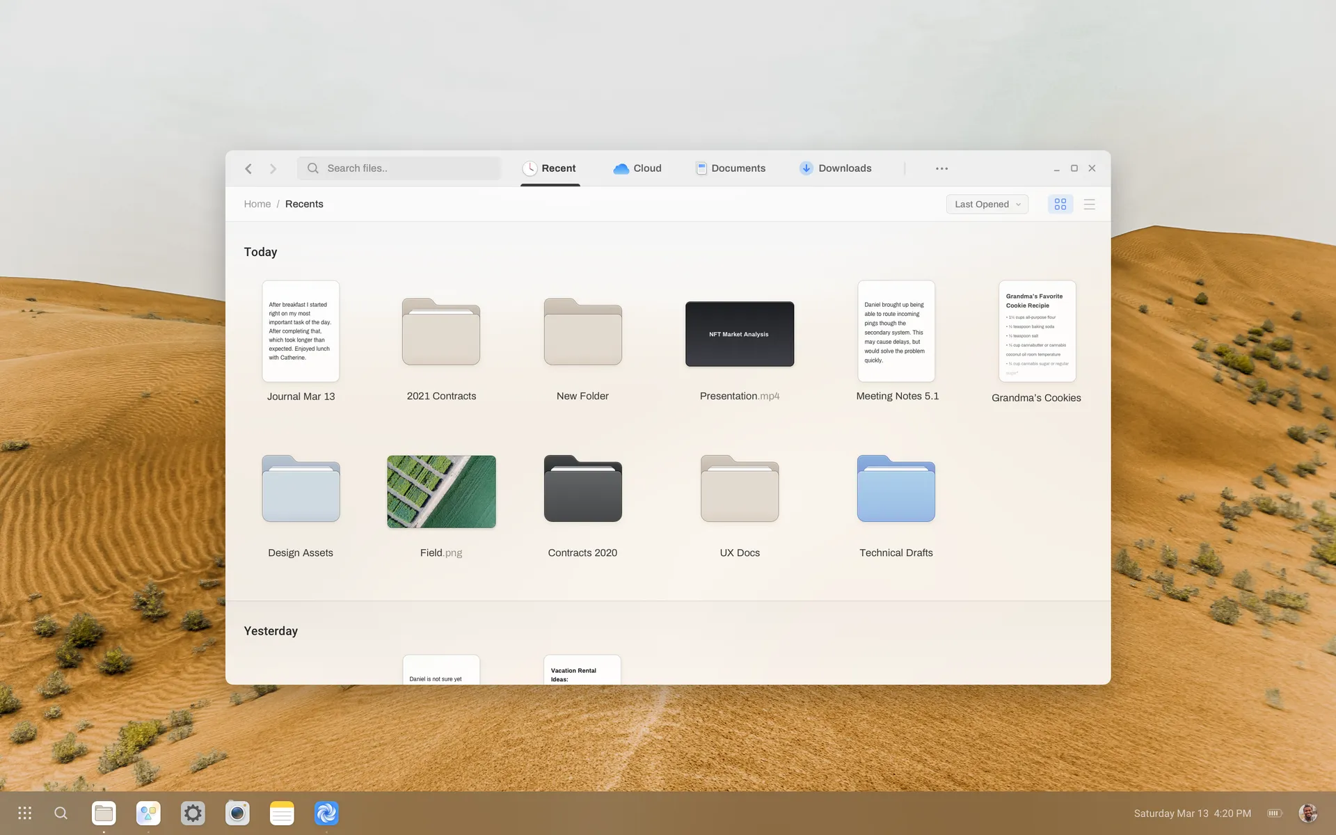 AbstractOS desktop showing the Files app in light mode over a desert wallpaper