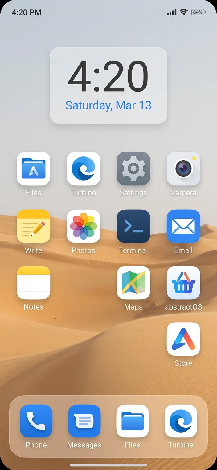AbstractOS on a phone with the home screen and app grid