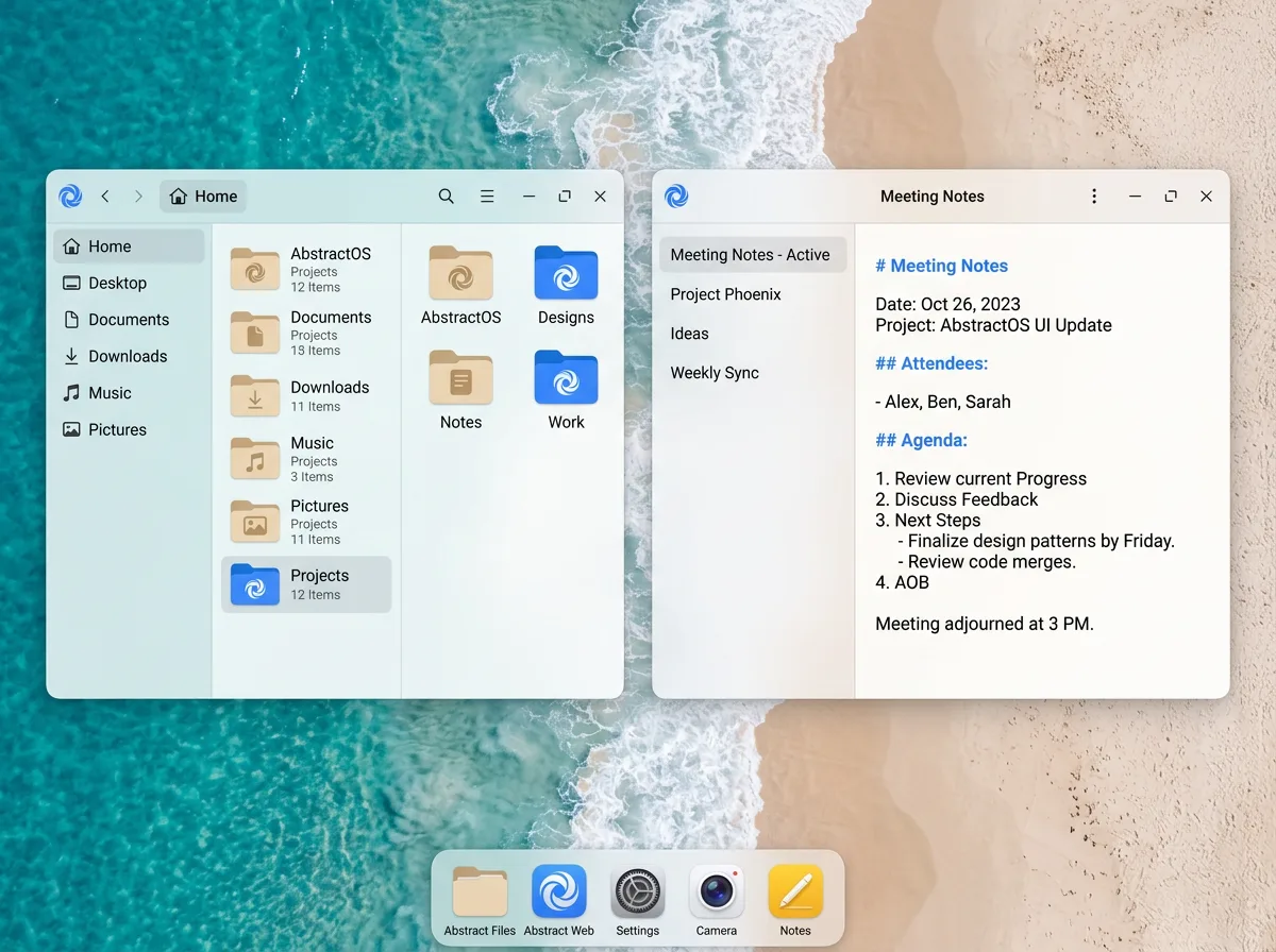 AbstractOS tablet with Files and notes in split view
