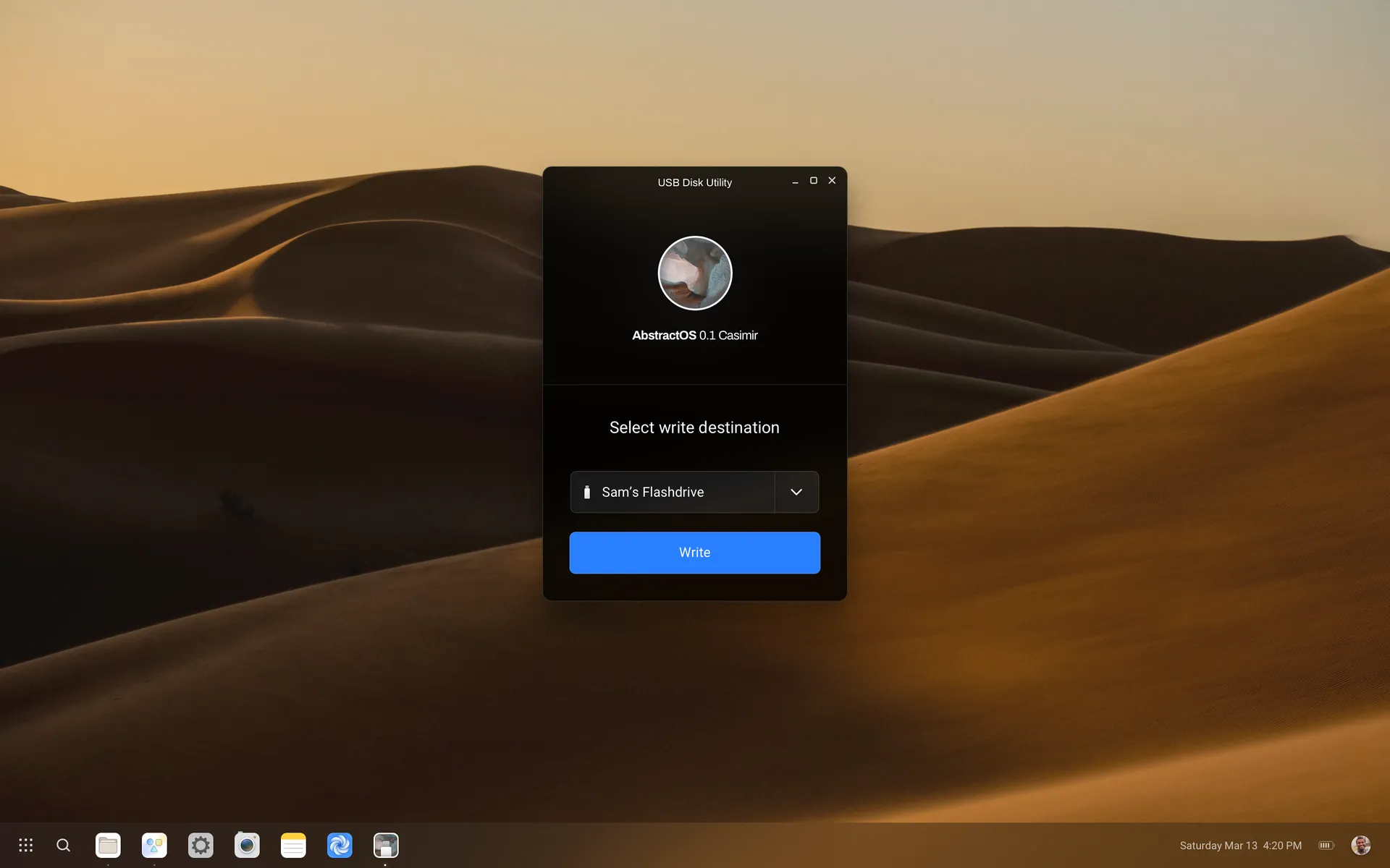 AbstractOS USB Disk Utility ready to write the image to a flash drive